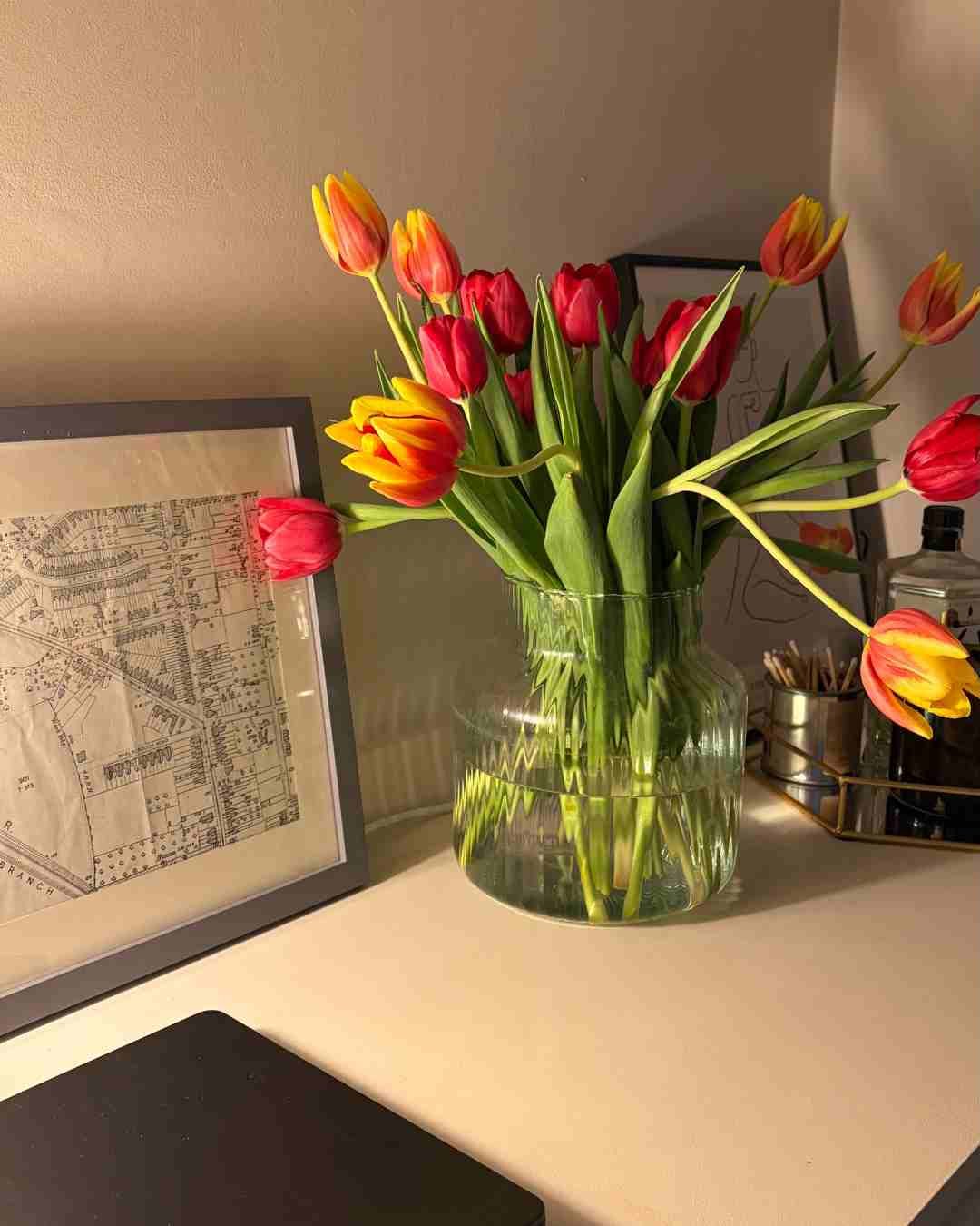 Image of a vase of tulips with a map of Ipswich framed beside it and a laptop in the foreground
