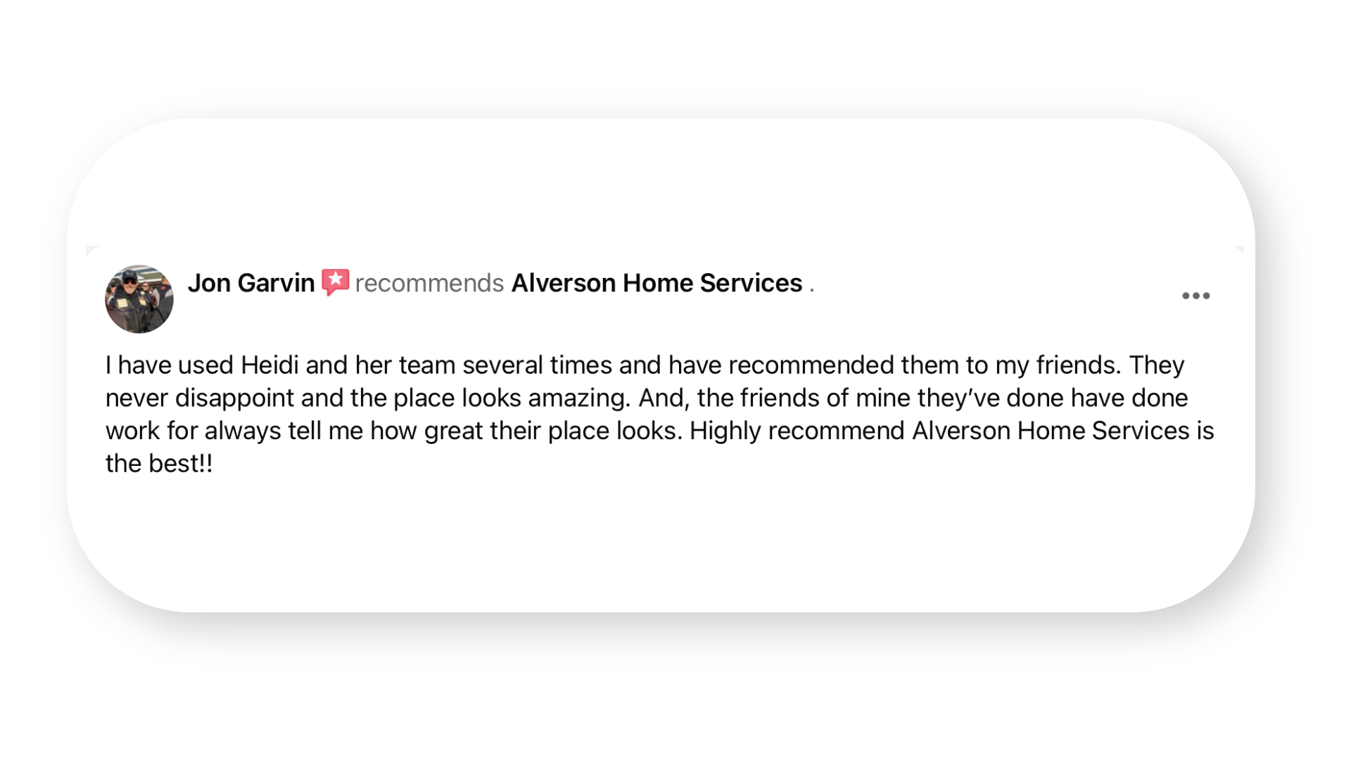 Review recommending Alverson Home Services with a profile picture of a man wearing glasses and dark clothing.