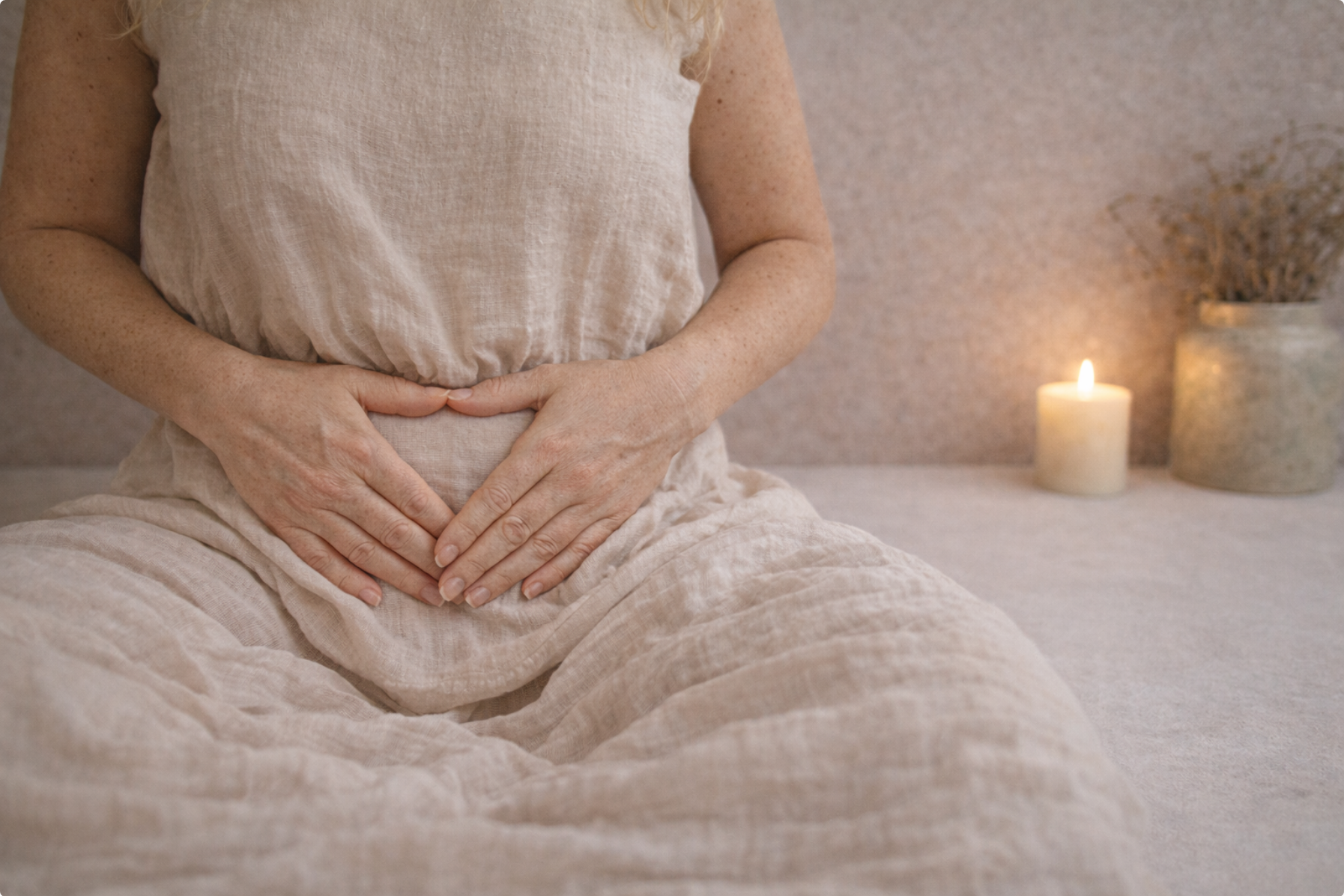 Woman with hands over her pelvic center, representing healing, desire, embodiment, and connection to the body
