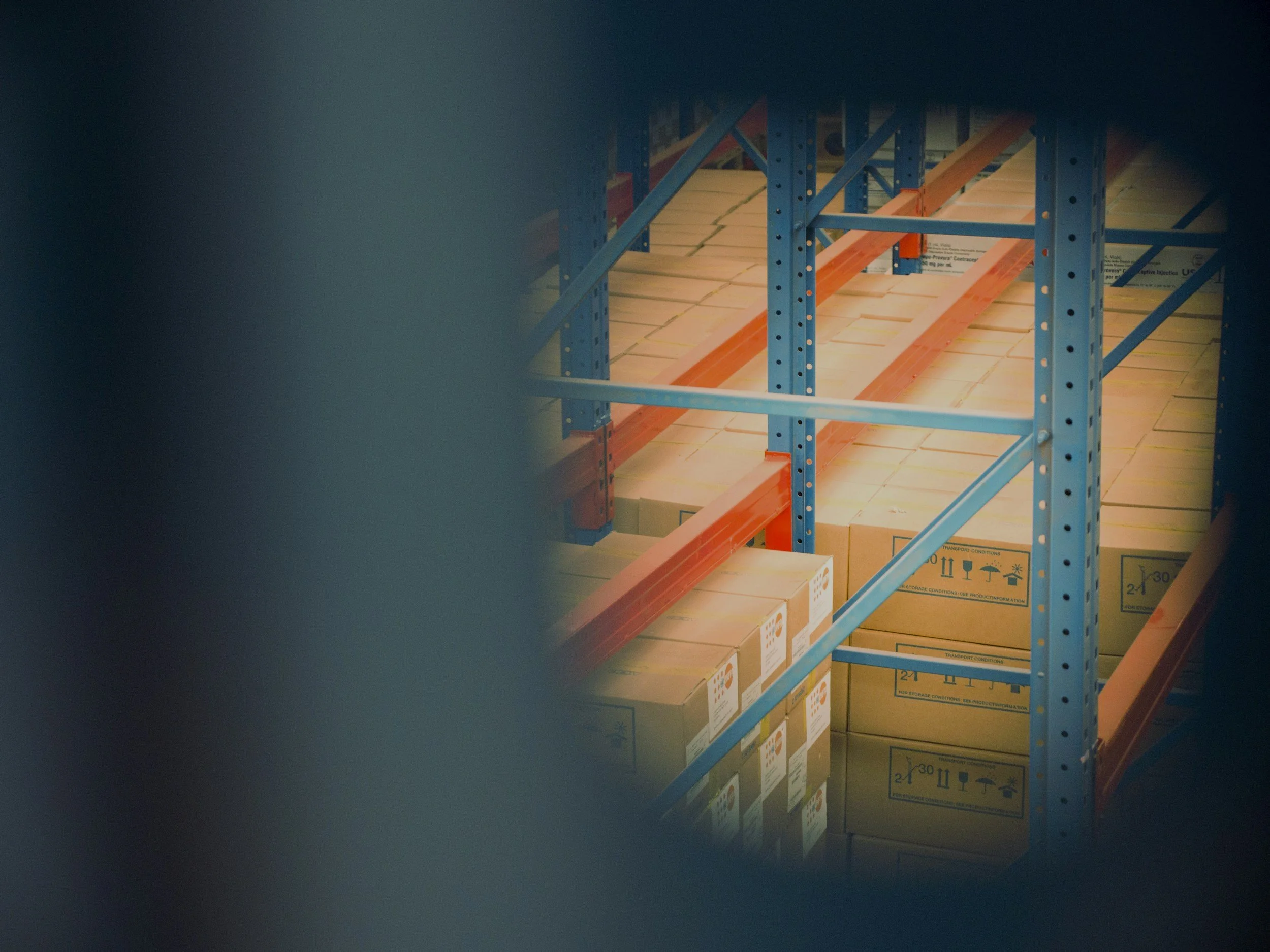 View of a warehouse storage area seen through a small hole or opening in a wall, showing shelves with boxes and orange support beams.