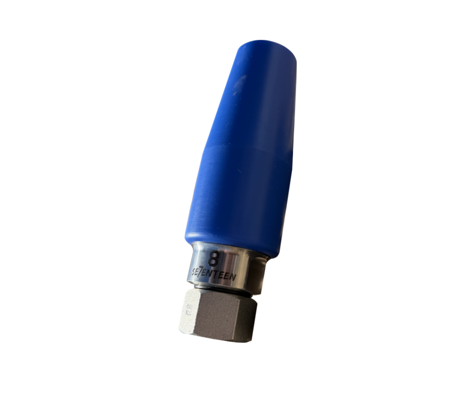 high pressure nozzle head with blue plastic cover.