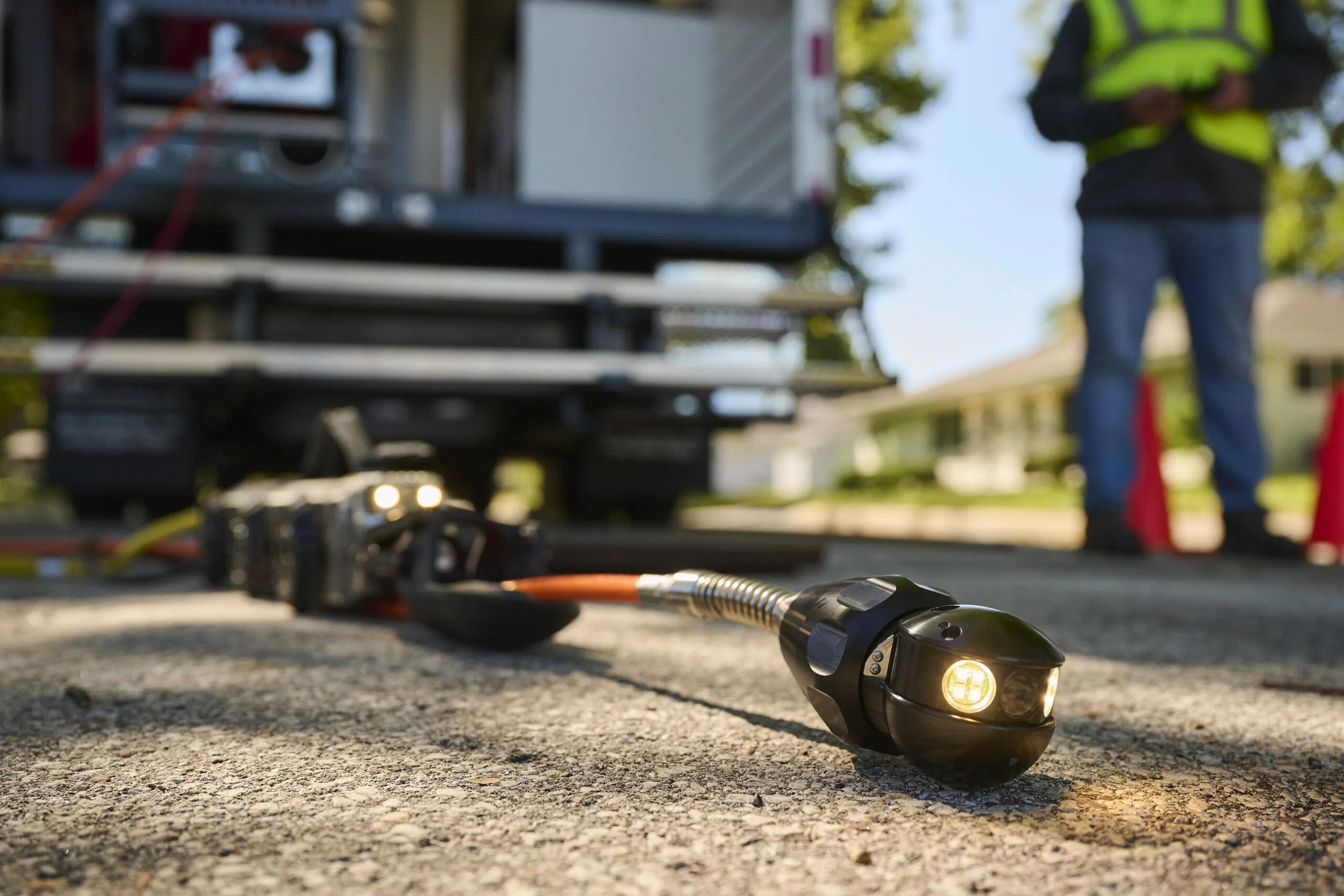 Close-up of an Aries LETS later launch camera on the ground at a construction site, with a worker in the background wearing a safety vest and standing near orange traffic cones.