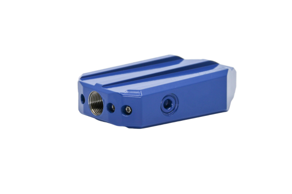 a blue dubre fluke storm drain nozzle on a white background. 