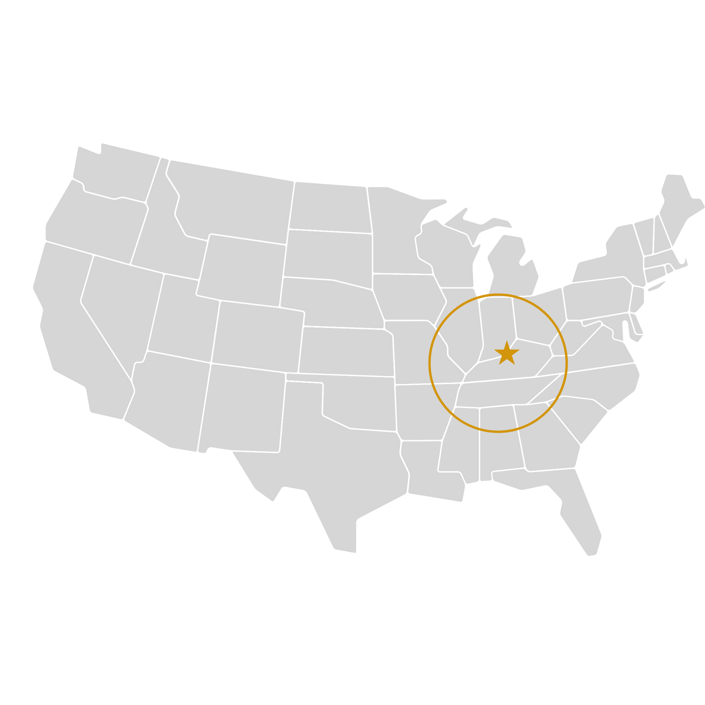 Map of the United States with a gold star on the 502 Equipment service center in LaGrange, KY and circle showing a 500 mile radius of the service center to demonstrate the large regional territory 502 equipment can cover for vac truck service.