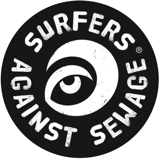 Logo of surfers against sewage featuring a stylized eye and wave within a black circular background with white text.