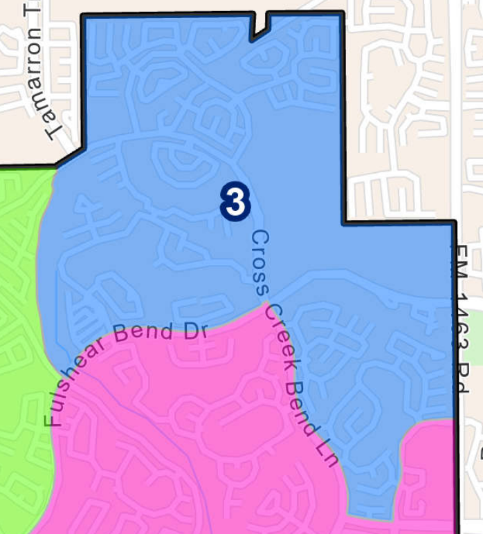 Map highlighting neighborhood sections in blue, pink, and green with nearby streets labeled.