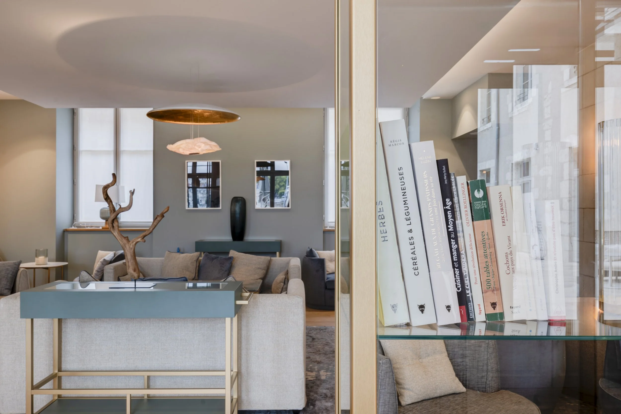 Intérieur moderne d'un salon avec canapé, lampes, vase, et une étagère avec des livres visibles par une vitre.