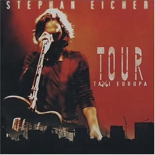 Affiche de concert de Stepanle Eicher avec une femme chantant et jouant de la guitare électrique, fond rouge, texte 'Tour Taxi Europa'
