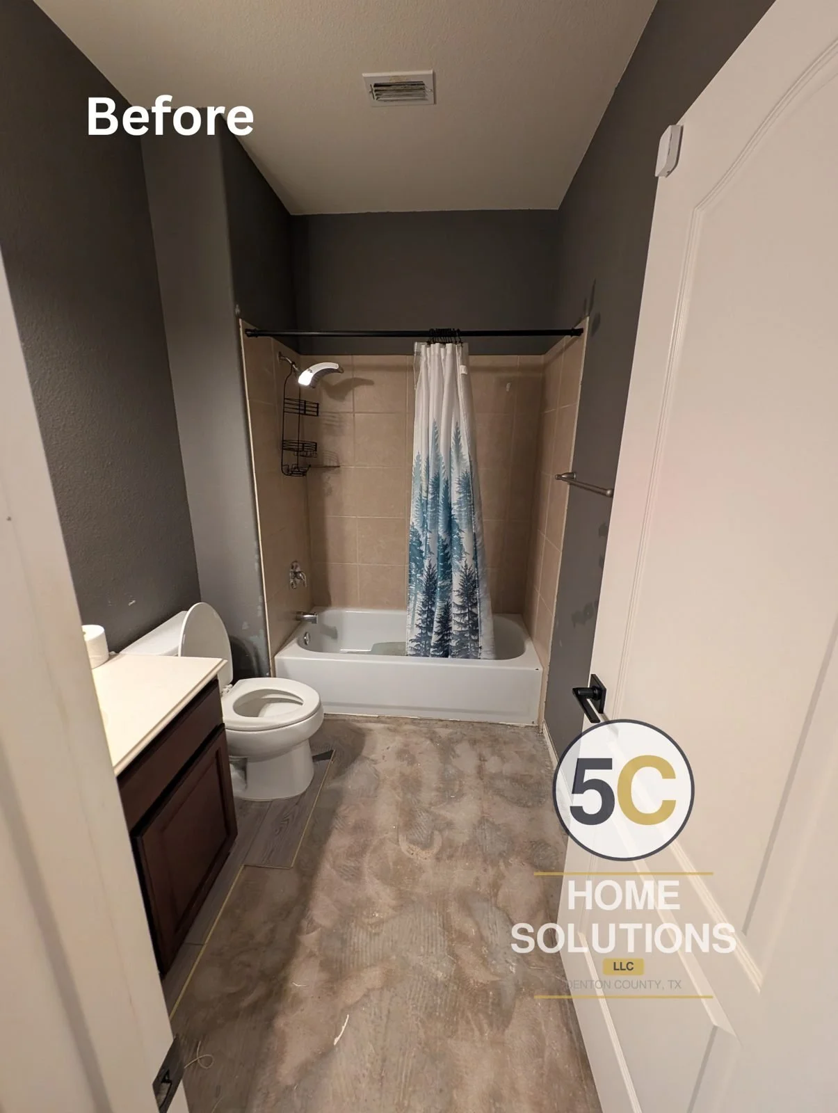 Before: tub shower with dated beige tile and shower curtain, Denton County TX