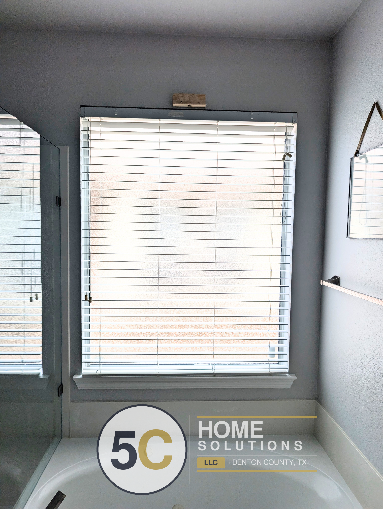 Bathroom window with exposed blind hardware and no valance before installation - Handyman Services Denton TX
