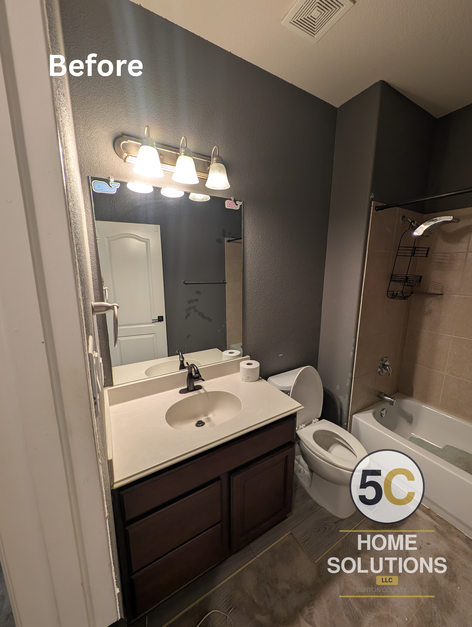 Before photo of the original vanity, dated fixtures, and tan tile tub surround, captured ahead of the guest bathroom remodel in Lake Dallas, TX.