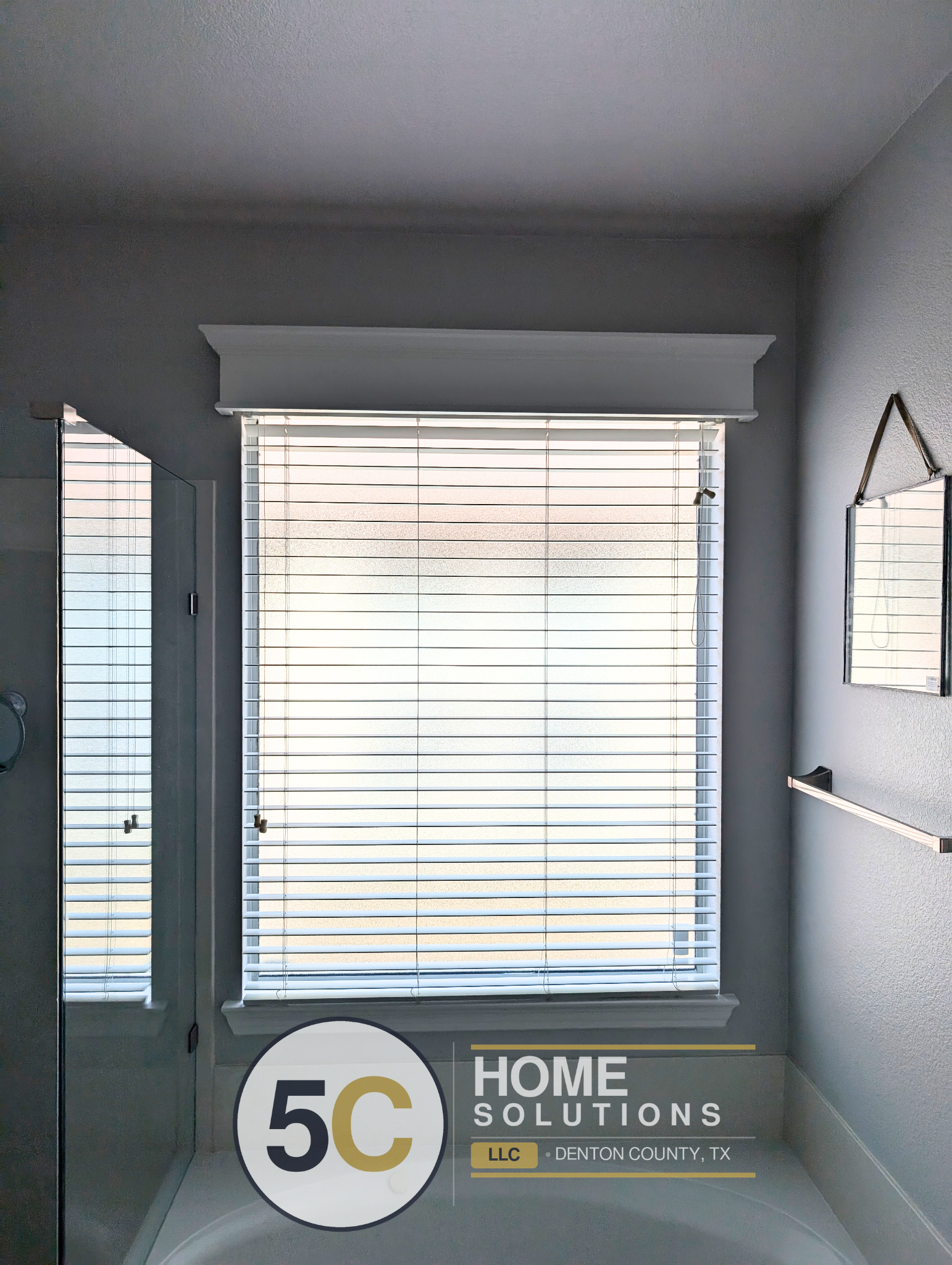 White window valance installed above bathroom window blinds - Handyman Services Denton TX