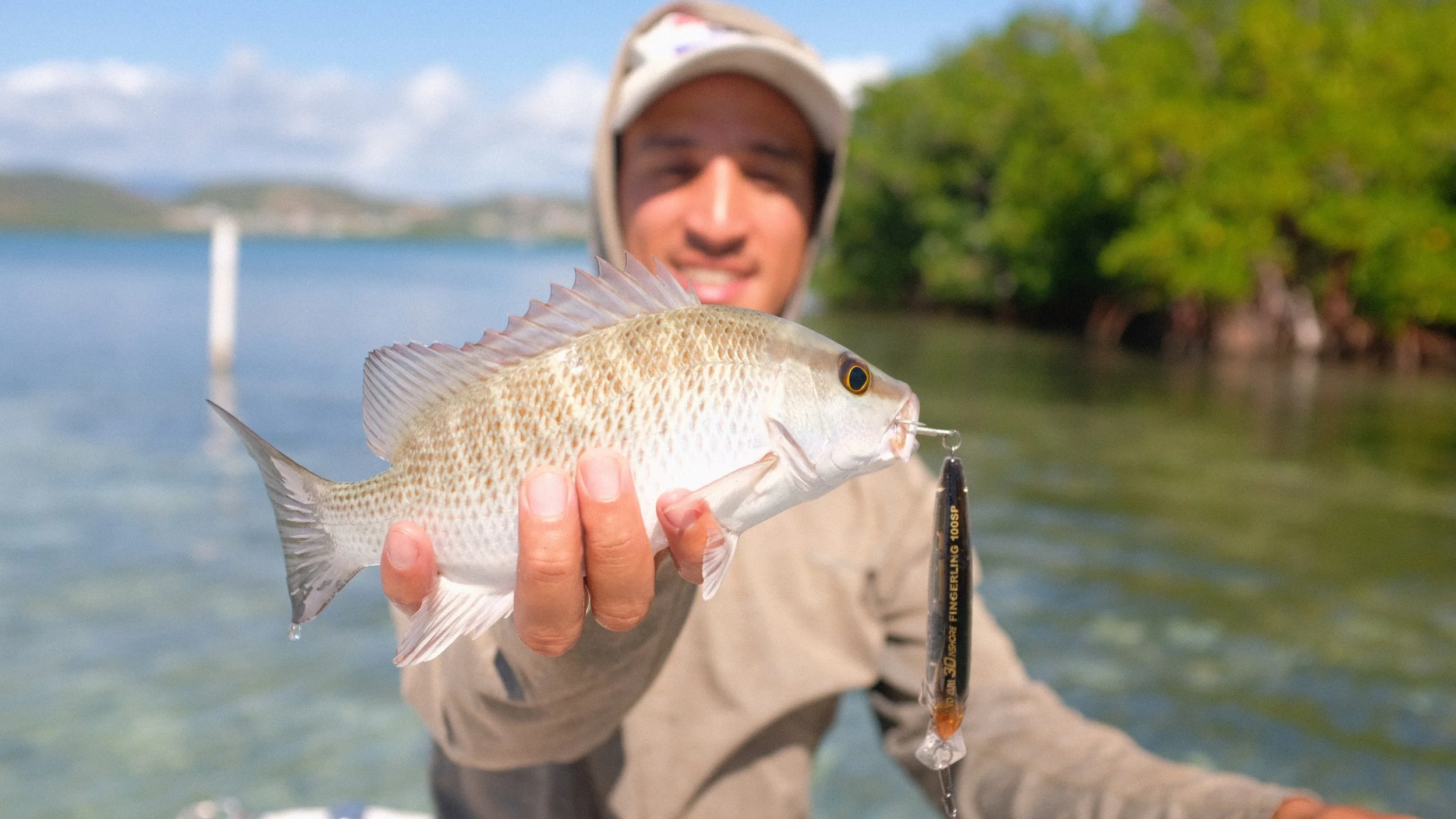 Man holding a fish with a fishing lure in its mouth near a body of water with trees in the background.