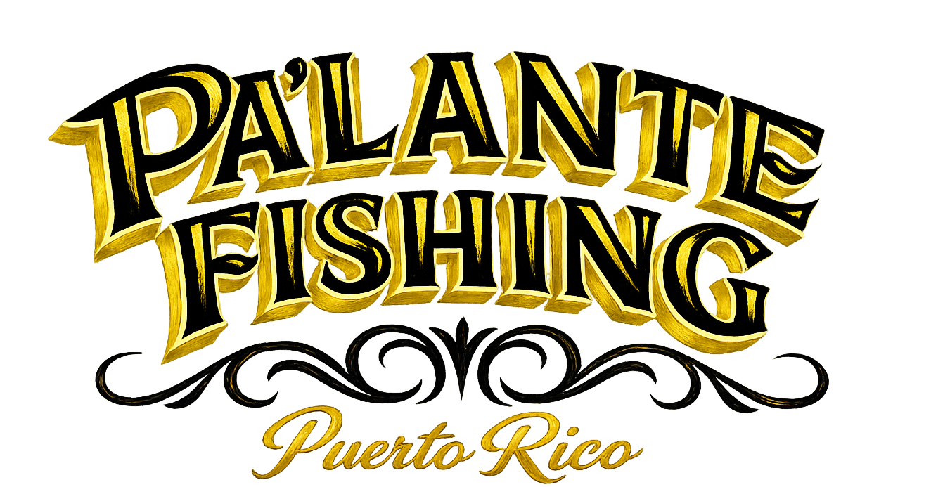 Gold and black logo for PALLANTIE FISHING Puerto Rico, with ornate decorative elements.