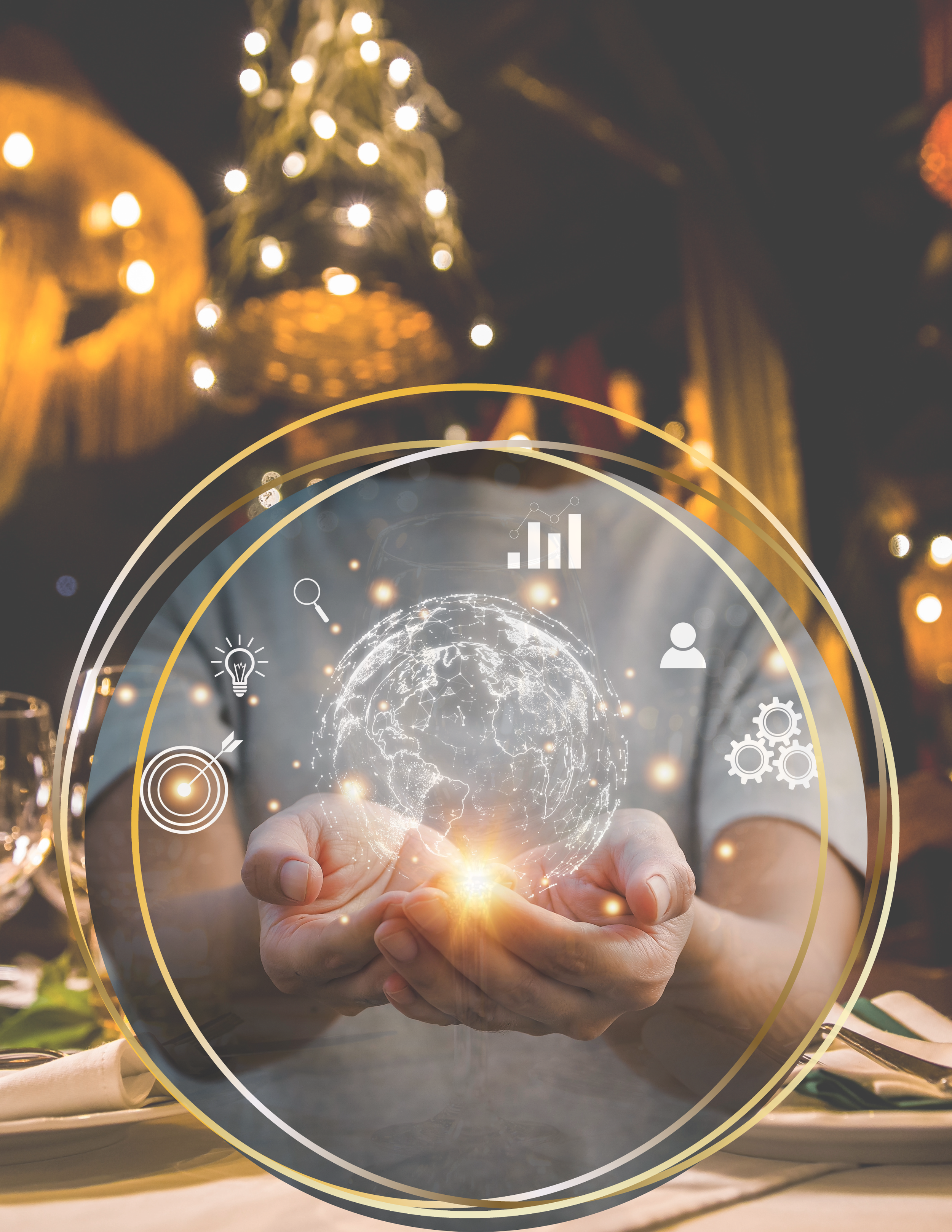 Hands holding a glowing digital globe surrounded by marketing icons—target, analytics chart, magnifying glass, lightbulb, user profile, and gears—over a softly lit, elegant background with warm lights.
