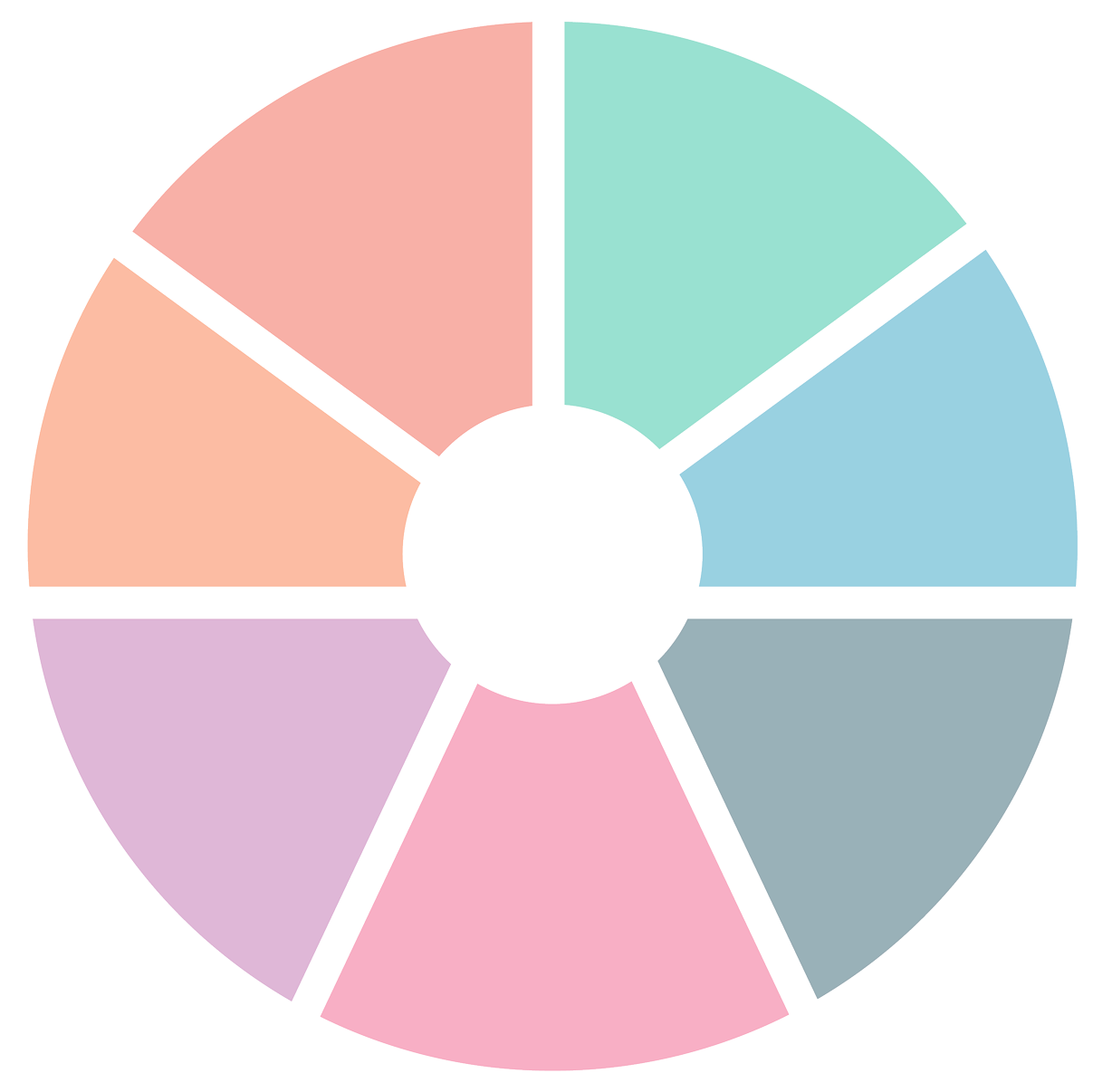 Colorful pie chart with seven segments in red, orange, purple, pink, teal, blue, and dark green, with black lines separating each segment.