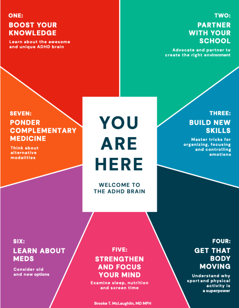 A colorful diagram with eight sections surrounding a central white box titled 'You Are Here' and 'Welcome to the ADHD Brain.' Each section provides advice for managing ADHD: one about boosting knowledge, another about partnering with your school, one about building new skills, another about getting the body moving, one about strengthening and focusing your mind, another about learning about medications, and one about pondering complementary medicine.