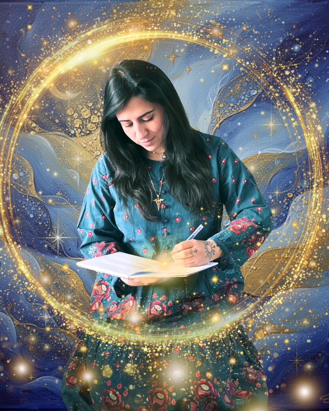 A woman with long dark hair, wearing a floral dress, writing in a notebook surrounded by a magical, glowing golden halo and starry background.