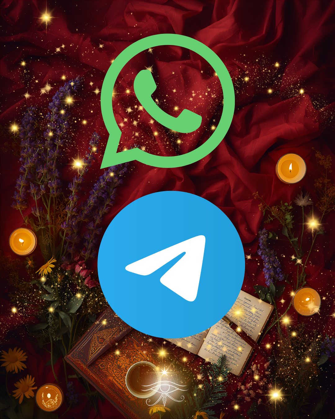 Birthday or celebration scene with flowers, candles, an open handwritten letter, and symbolic app icons for WhatsApp and Telegram.