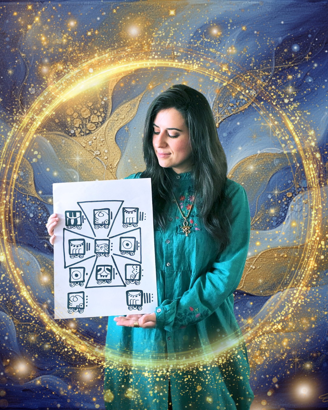 A woman in a teal dress stands in front of a cosmic background with stars and swirling patterns. She holds a large white paper with a black, abstract diagram or chart.