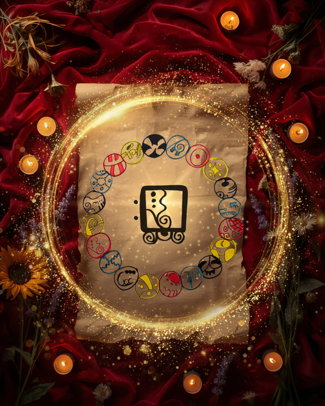 A creative arrangement featuring a paper with a stylized black and yellow illustration of a scroll or book at the center, surrounded by a circular pattern of colorful zodiac symbols, set against a red velvet cloth with floating gold sparkles, small lit candles, and floral accents.