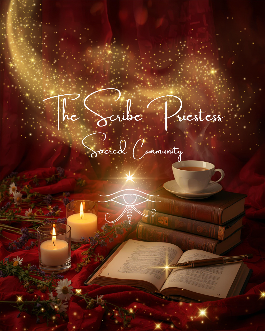 A decorative scene featuring candles, an open book, a teacup on a stack of books, and fairy lights, with the text 'The Scribe Priestess Sacred Community' and an eye symbol.