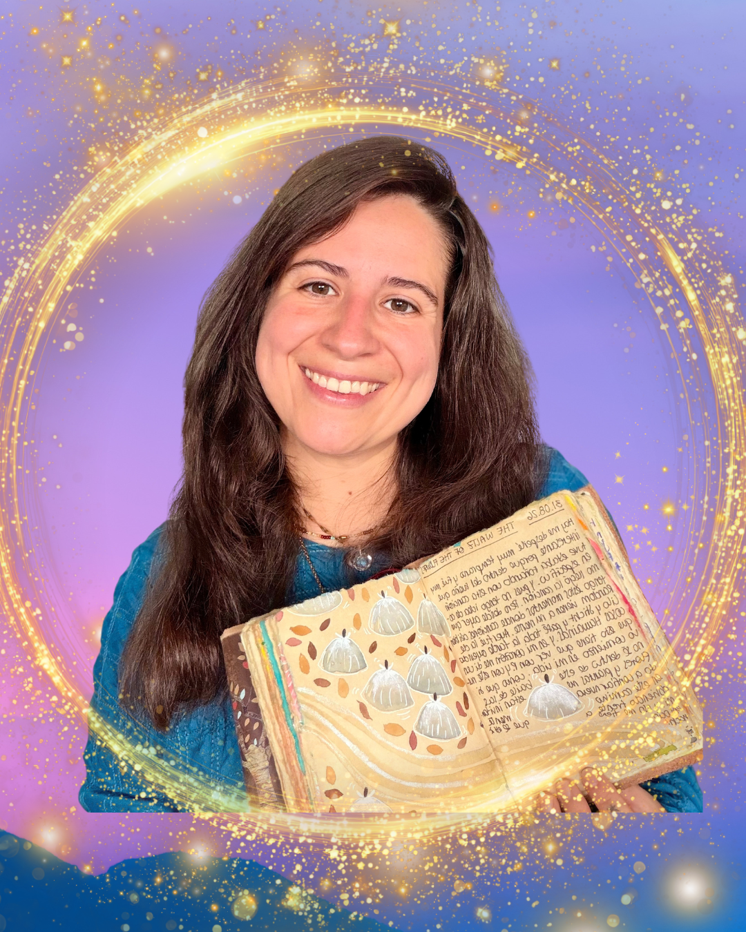 A woman with long brown hair smiling while holding an open scrapbook or journal with handwritten text and decorated with illustrations of umbrellas. She stands in front of a digitally edited purple background with a glowing golden sparkler-like border.
