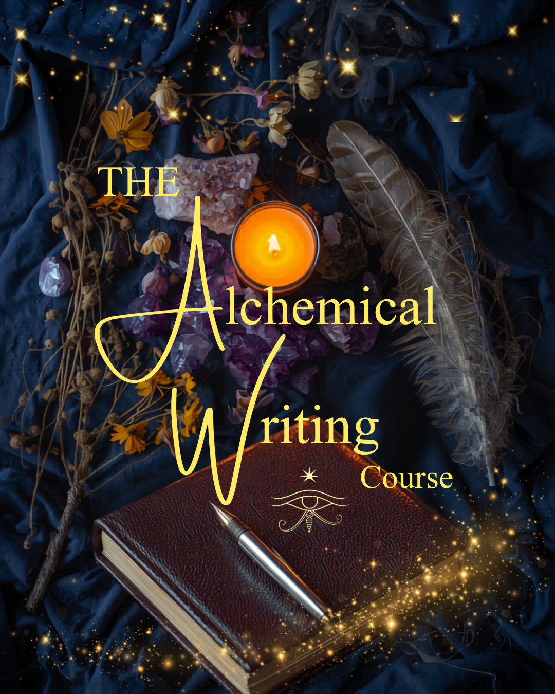 A journal, a candle, dried flowers, a feather, and glittering lights on dark fabric, with the text 'The Alchemical Writing Course' overlayed.