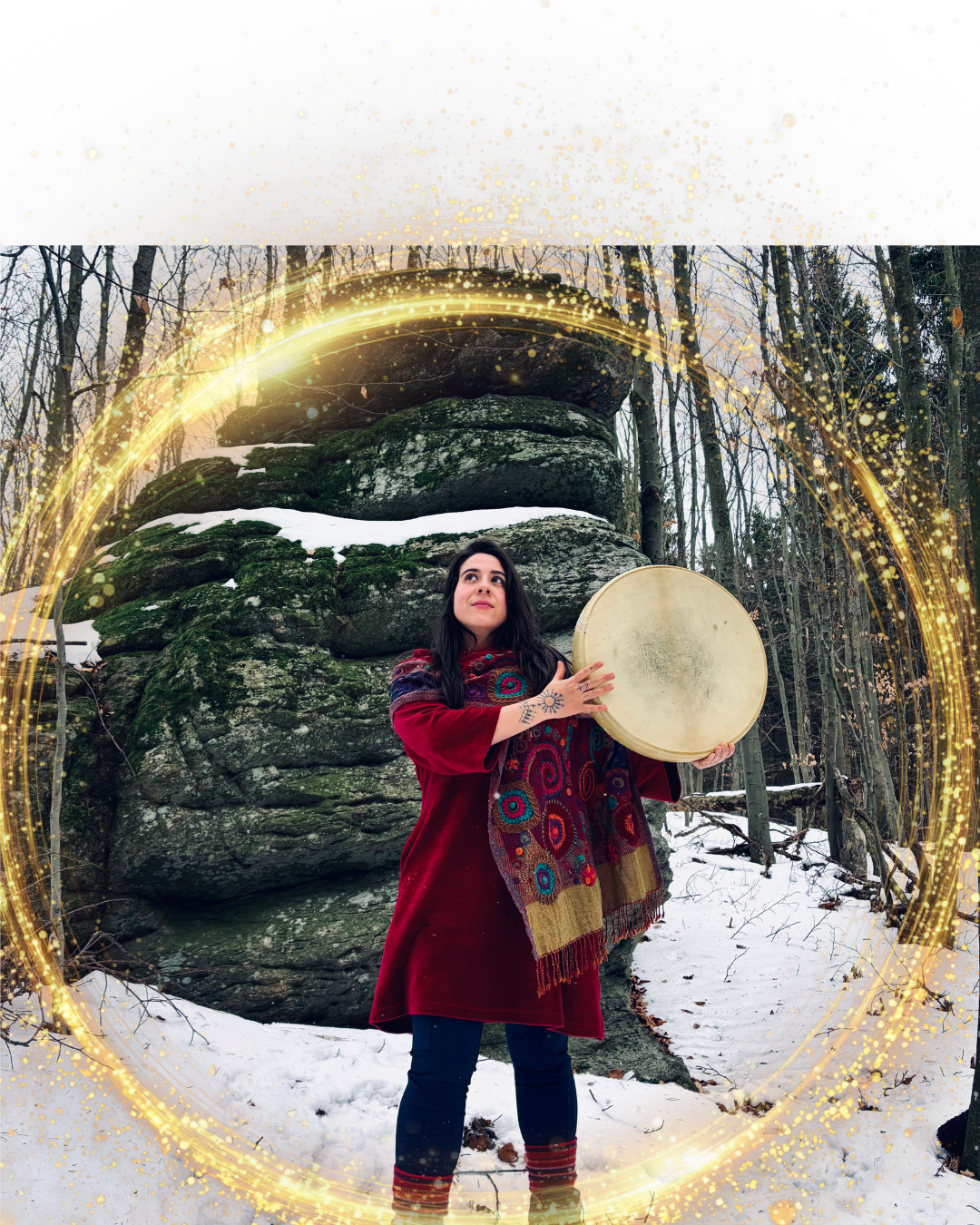 Woman standing outdoors in a snowy forest, playing a drum with a rock formation in the background, surrounded by a glittering golden circular overlay.
