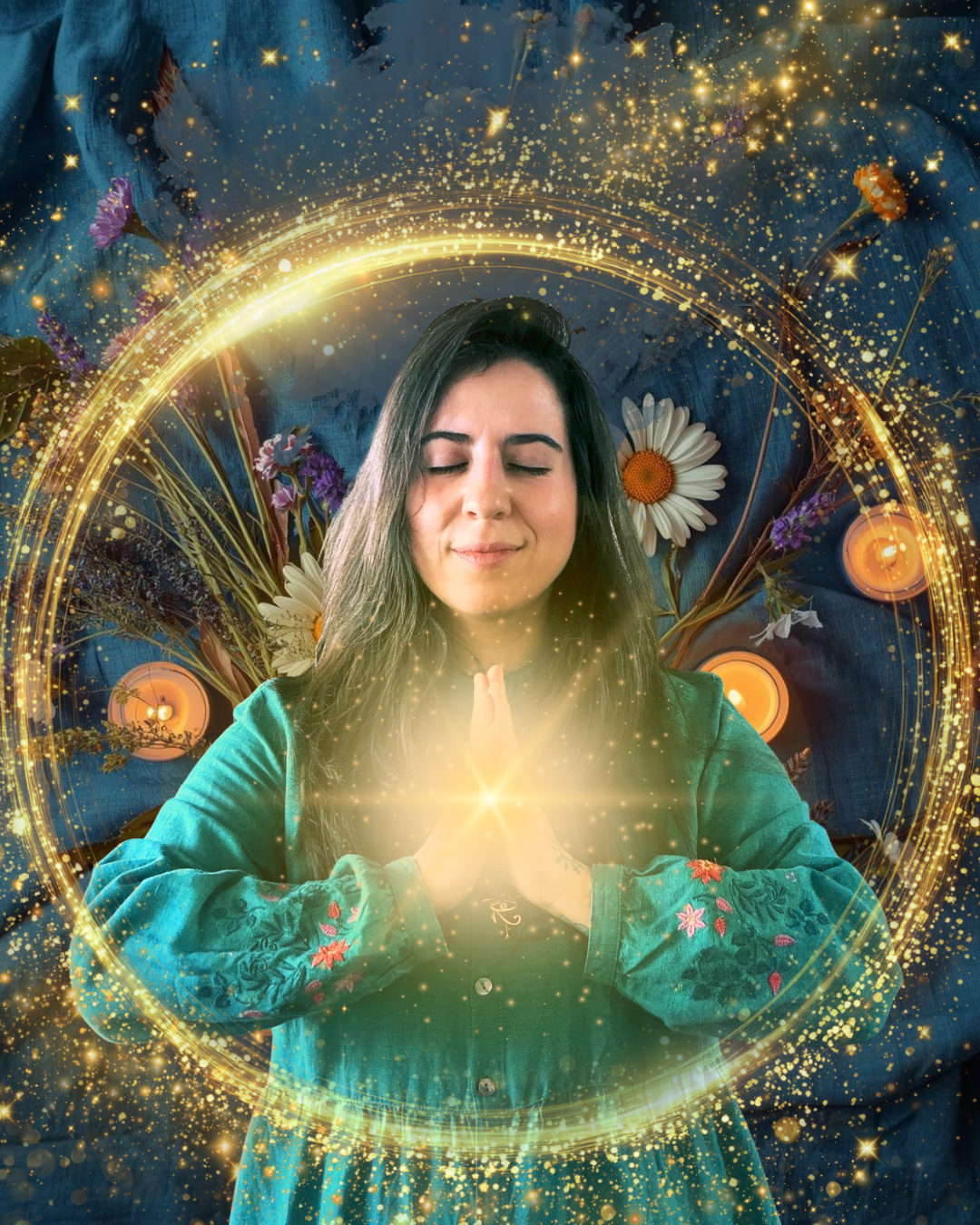 A woman with long dark hair and closed eyes, praying with her hands together, surrounded by glowing golden sparkles, flowers, and candles, creating a spiritual or mystical atmosphere.