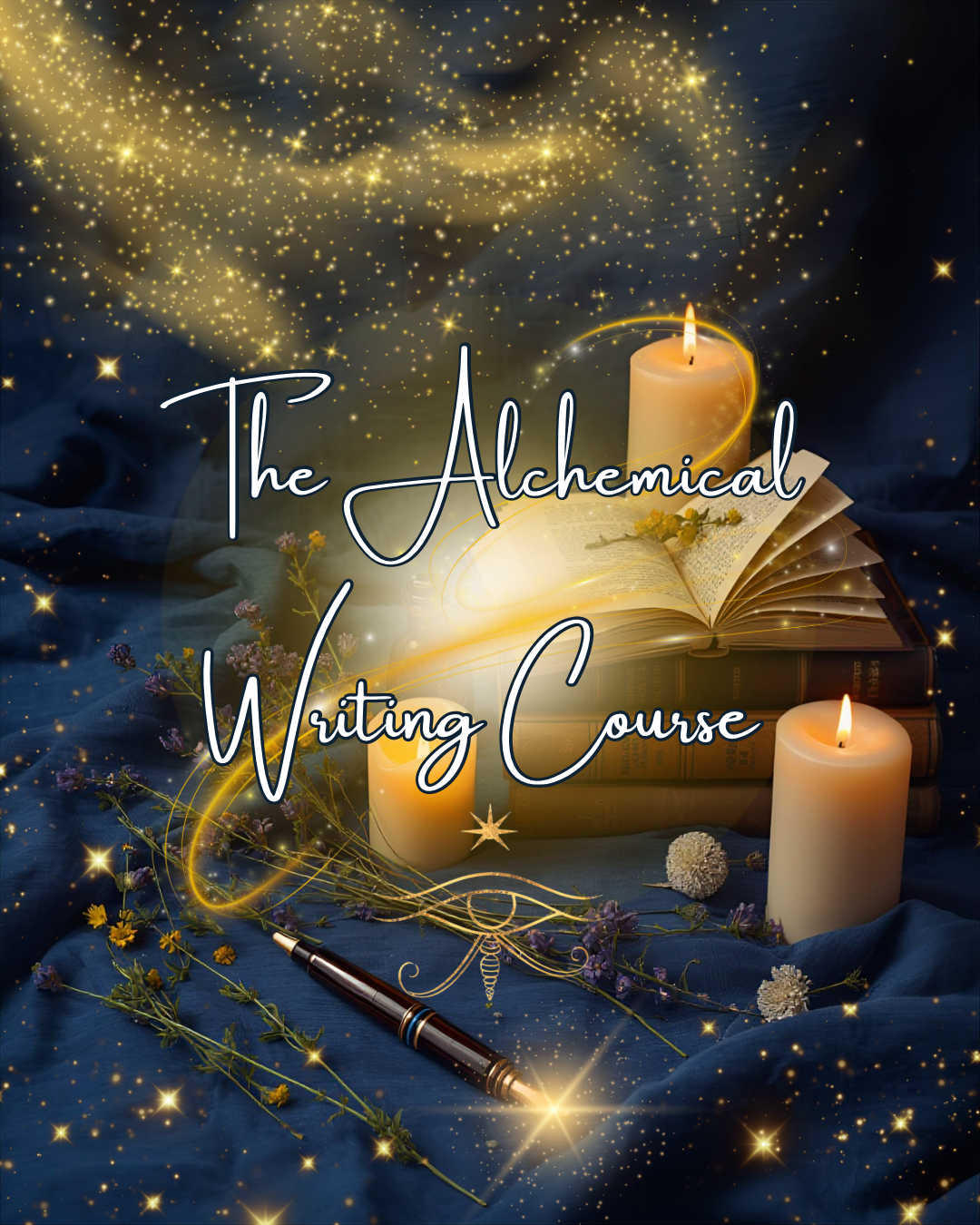 A mystical scene with glowing candles, an open book, a pen, and fairy lights, titled 'The Alchemical Writing Course'.
