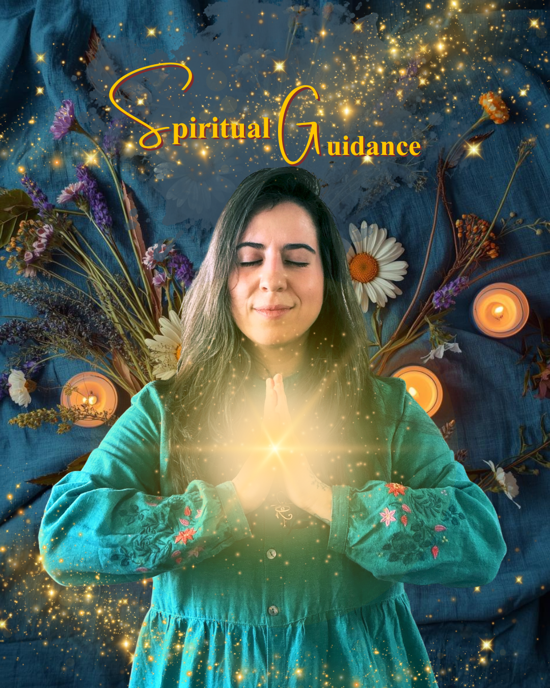 A woman with closed eyes and folded hands in a prayer position, surrounded by glowing lights, flowers, and candles with the text 'Spiritual Guidance' at the top.