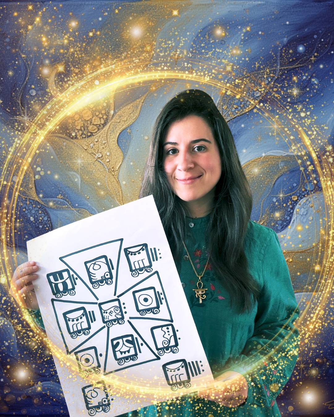 A woman holding a white sheet with various black line drawings on it, standing in front of a cosmic, starry background with swirling gold and blue patterns.