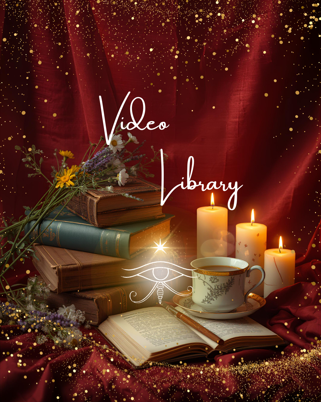 Decorative scene with stacked books, fresh flowers, lit candles, an open book, a teacup, and a pen, with the text 'Video Library' overlaid, set against a red fabric background with gold confetti and sparkles.