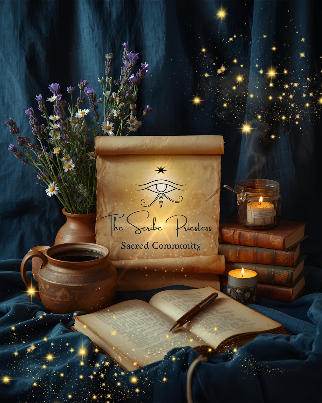 Decorative arrangement with flowers, a candle, a book, and scroll labeled 'The Scribe Priestess Sacred Community' in a mystical-themed setting with sparkling lights.