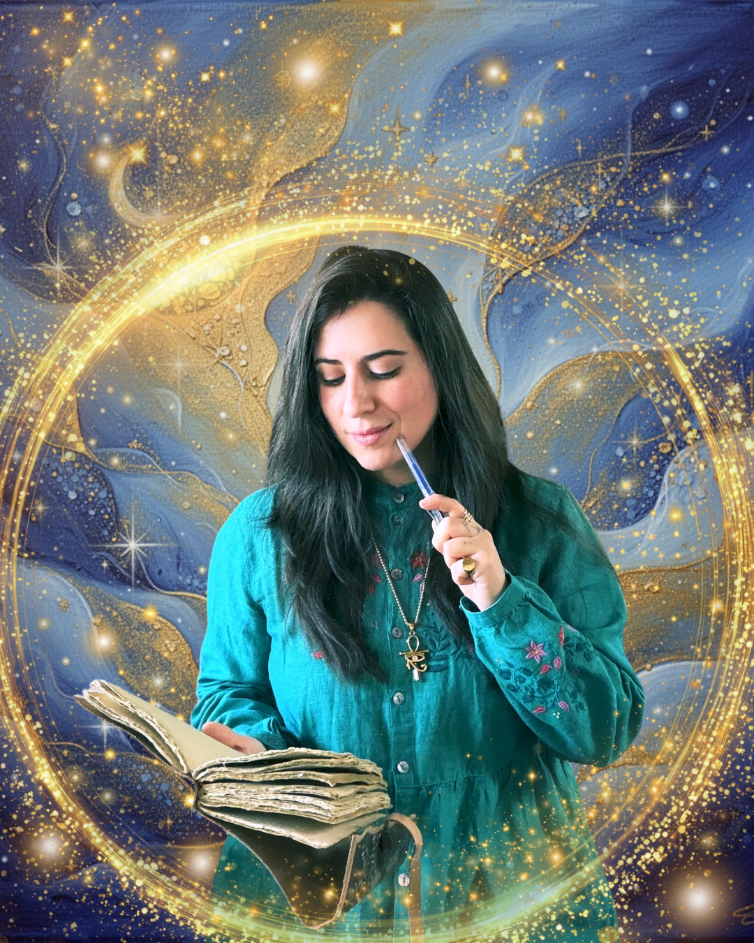 A woman in a teal dress holding an old book and a syringe, surrounded by a glowing golden circular light and a cosmic background with stars and swirls.