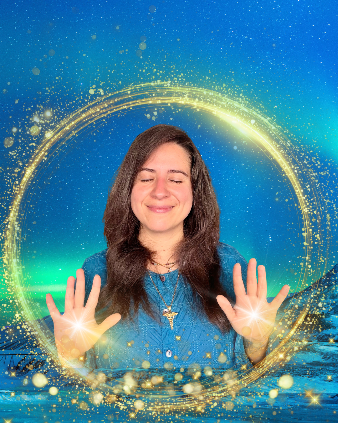 Young woman with long brown hair, eyes closed, smiling, and hands raised with palms facing outward, surrounded by a glowing golden circular light in a digital or magical background.