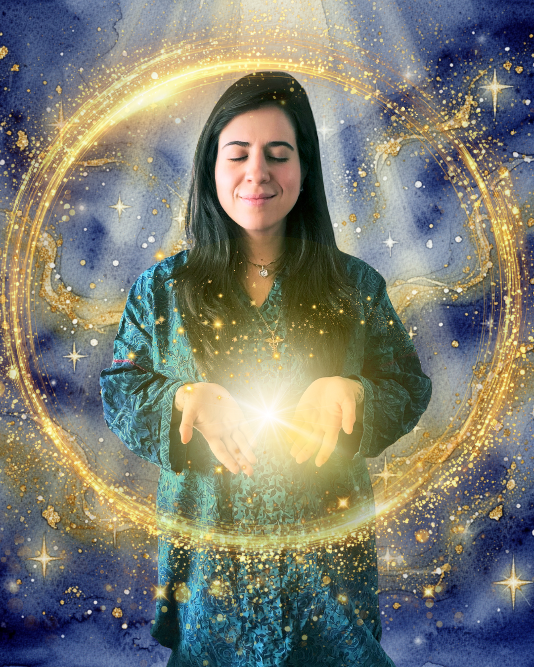 A woman with dark hair and closed eyes, wearing a blue patterned dress, is holding a glowing light in her hands, surrounded by a golden magical circle with stars and sparkles against a cosmic background.