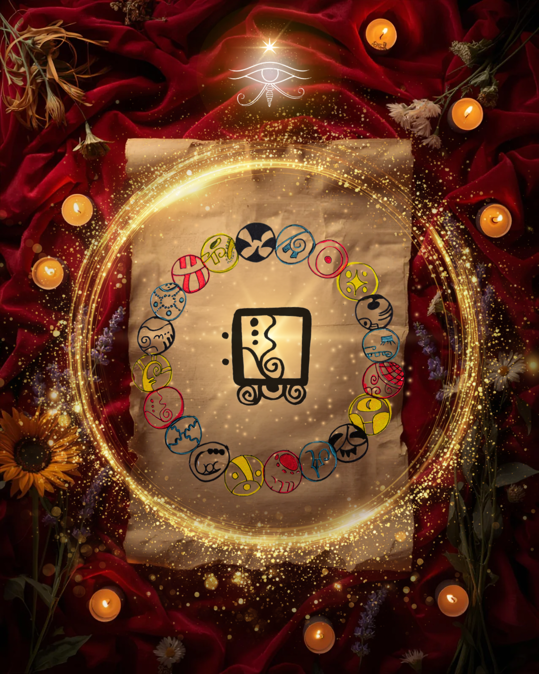 A decorative display featuring a black symbol on parchment paper surrounded by colorful zodiac symbols arranged in a circle, set against a red velvet background with candles, flowers, and golden sparkles.
