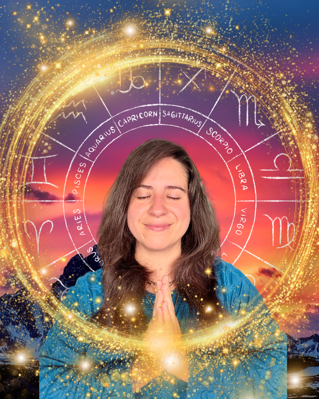 A woman with eyes closed and smiling, hands in a prayer position, in front of a sunset sky and overlay of astrological zodiac signs and a glowing golden circular pattern.