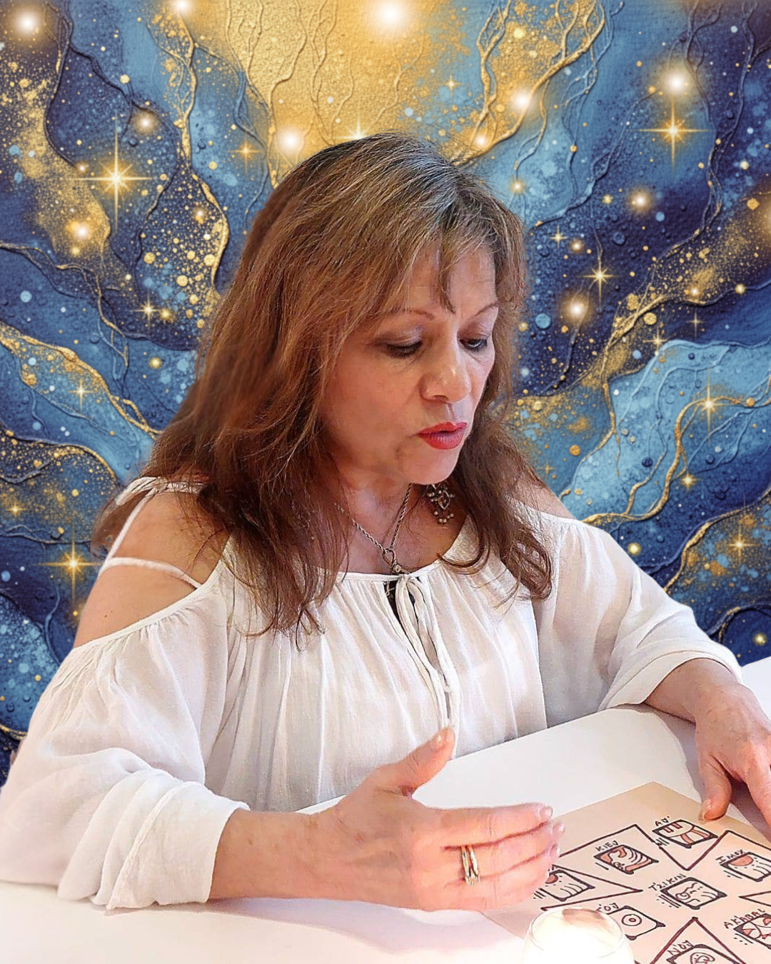 A woman with brown hair and red lipstick, wearing a white blouse with cut-out shoulders, looking at a sheet of paper with symbols or illustrations, in front of a blue and gold abstract starry background.