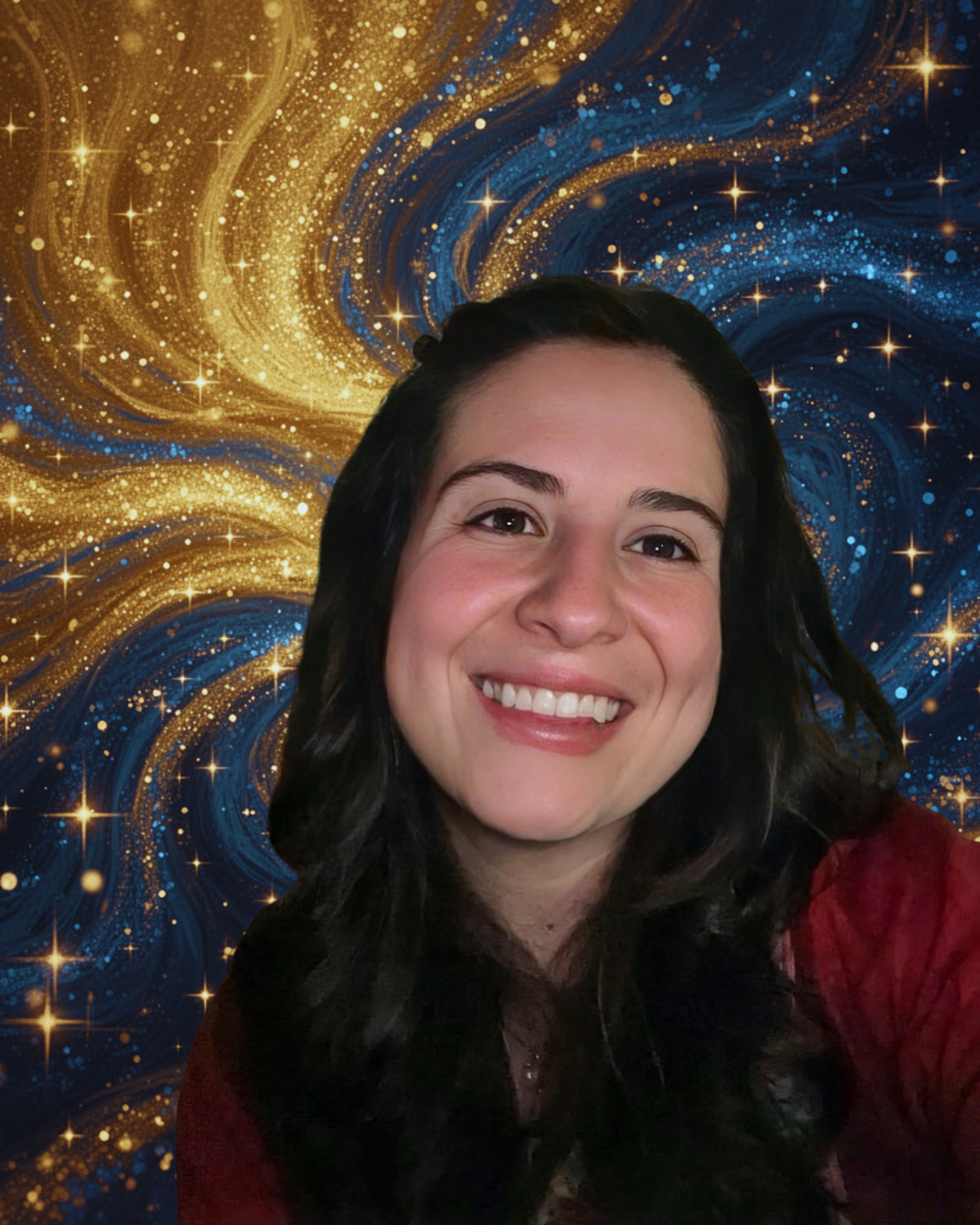 A woman smiling in front of a swirling galaxy background with gold and blue glittering stars.