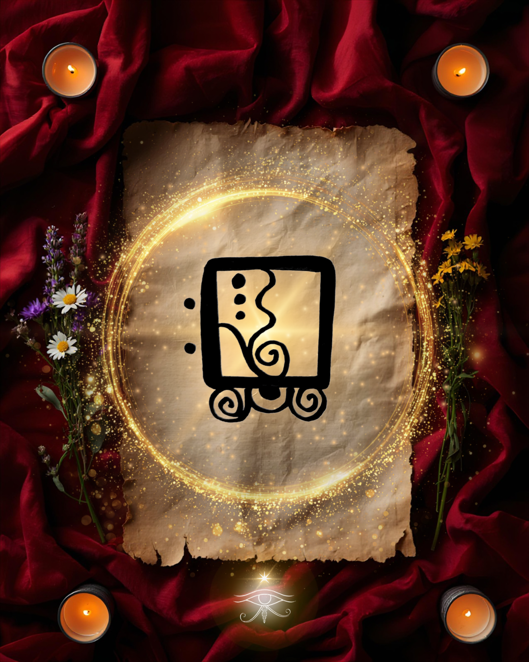 A mystical depiction of a magical or ancient symbol drawn on a crumpled piece of parchment paper, surrounded by glowing golden sparkles, four lit candles, and flowers, with red fabric draped around for a ritualistic or ceremonial setting.