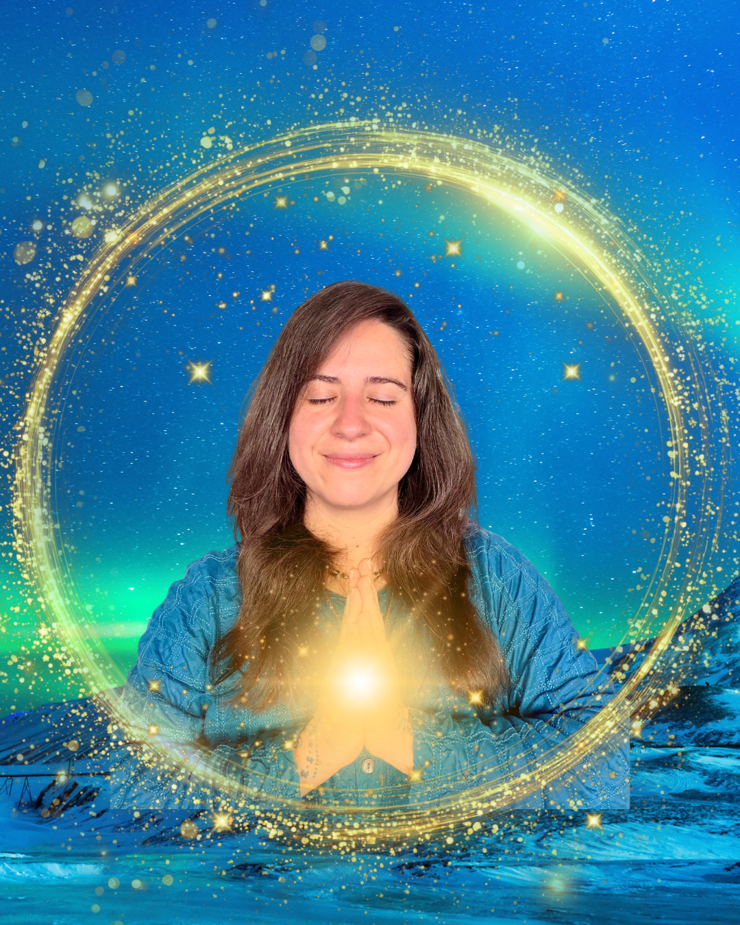 A woman with closed eyes and folded hands in a prayer position, surrounded by glowing golden rings and sparkles, with a serene ocean and greenery landscape in the background.