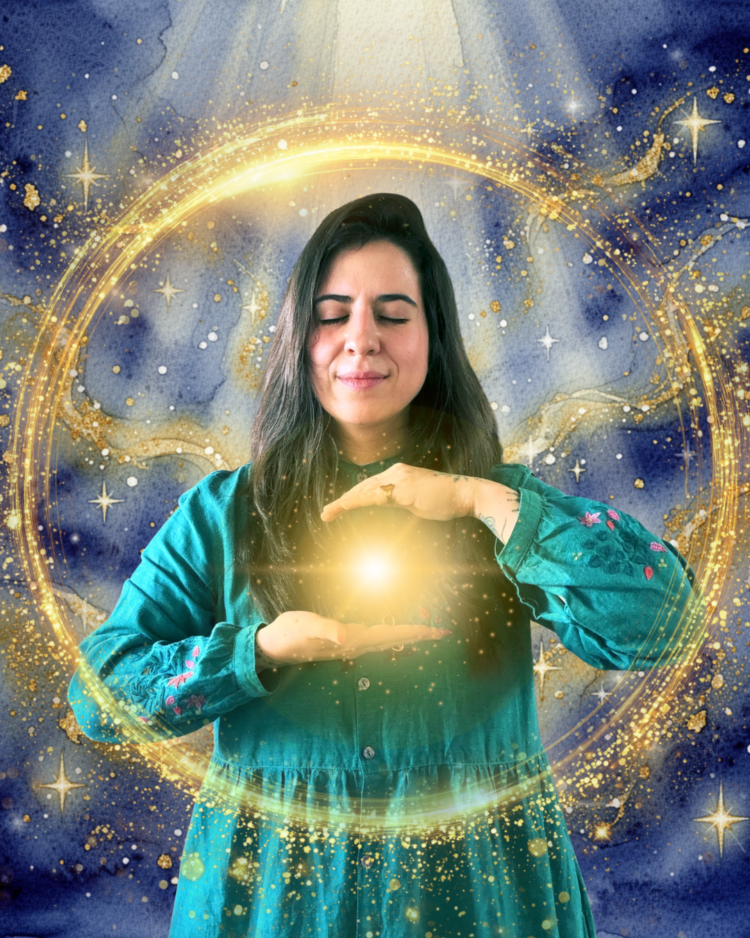 A woman with dark hair wearing a teal dress is holding a glowing orb of light in her hands. She appears to be concentrating or meditating. The background features a cosmic scene with stars, galaxy patterns, and golden sparkles, creating a mystical atmosphere.