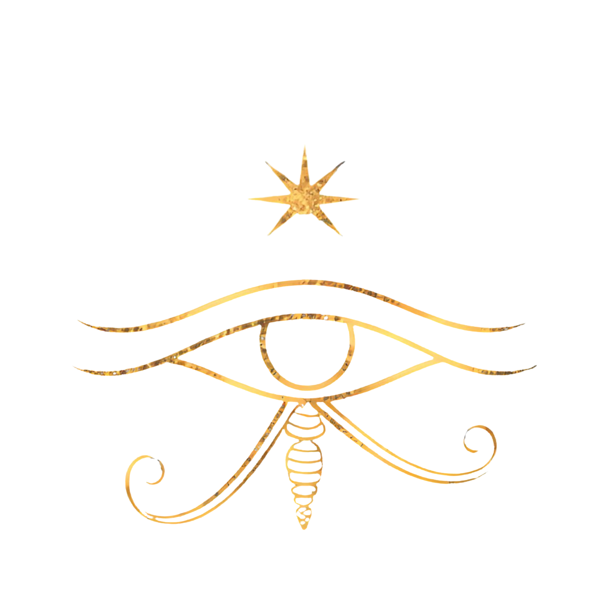 Gold-colored mystical eye symbol with an eye shape, a circular pupil, and an anchor-like element beneath, topped with a star on a black background.