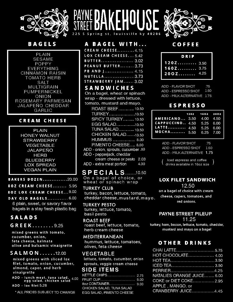 Main menu for Payne Street Bakehouse in Louisville, Kentucky, featuring bagels, cream cheeses, salads, sandwiches, coffee, espresso drinks, side items, and other beverages, with prices listed.