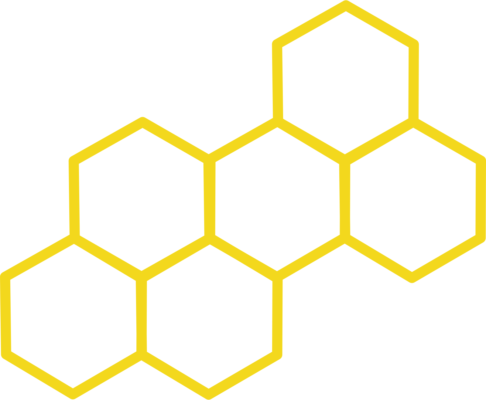A digital illustration of a honeycomb pattern with connected hexagons in yellow on a black background.