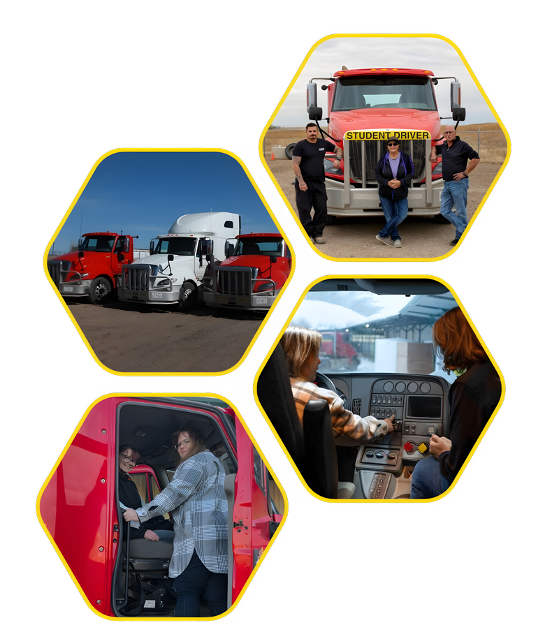 Collage of images related to truck driving and training. Top right shows three people standing in front of a red truck labeled 'Student Driver' in a rural area. Bottom right depicts two women inside a truck cab, one seated at the controls. Bottom left shows two women beside a red truck, one seated and one standing at the driver’s door. Top left features three semi-trucks, red and white, parked on a dirt lot under a blue sky.