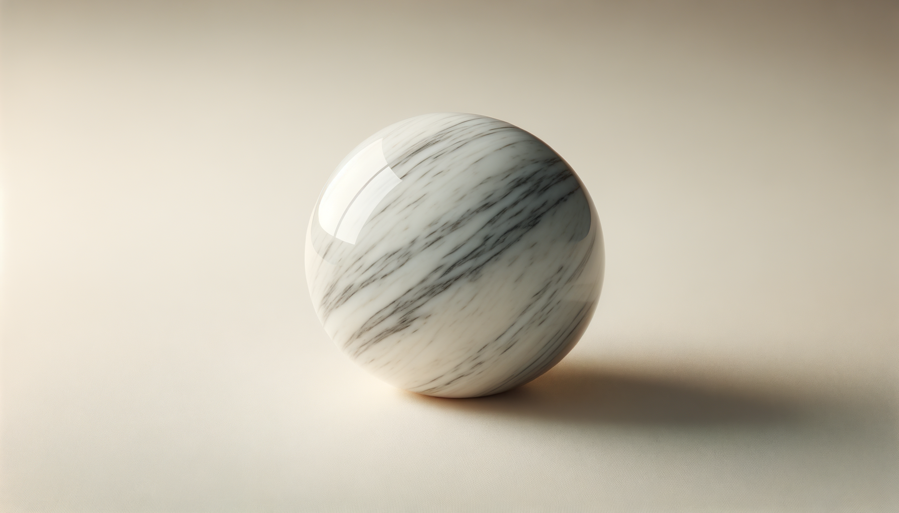 A polished marble sphere with white and gray veining rests on a beige surface against a light beige background.